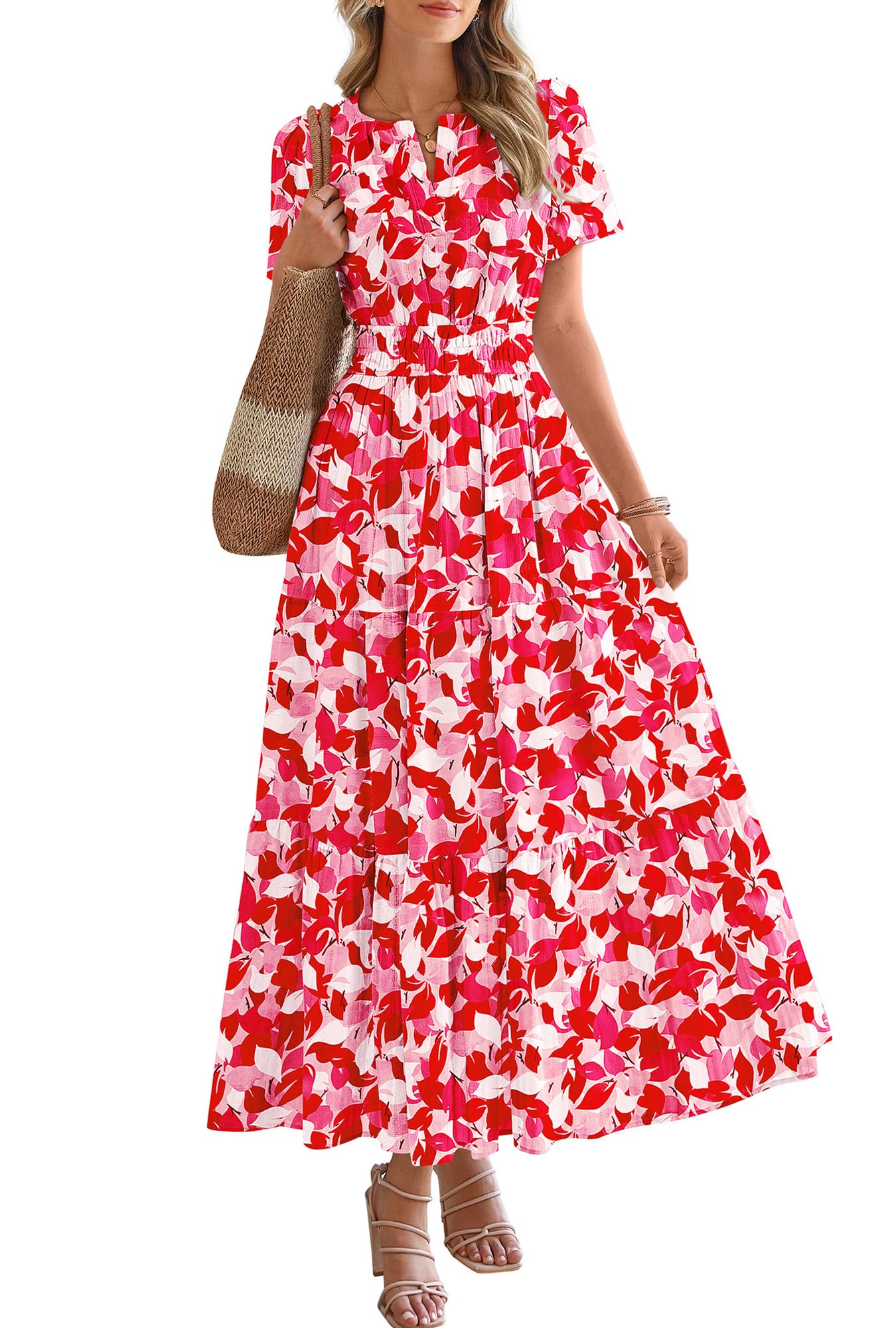 BTFBM Womens Summer Floral Maxi Dresses V Neck Short Sleeve Boho Casual Flowy Long Wedding Guest Dress Beach Vacation