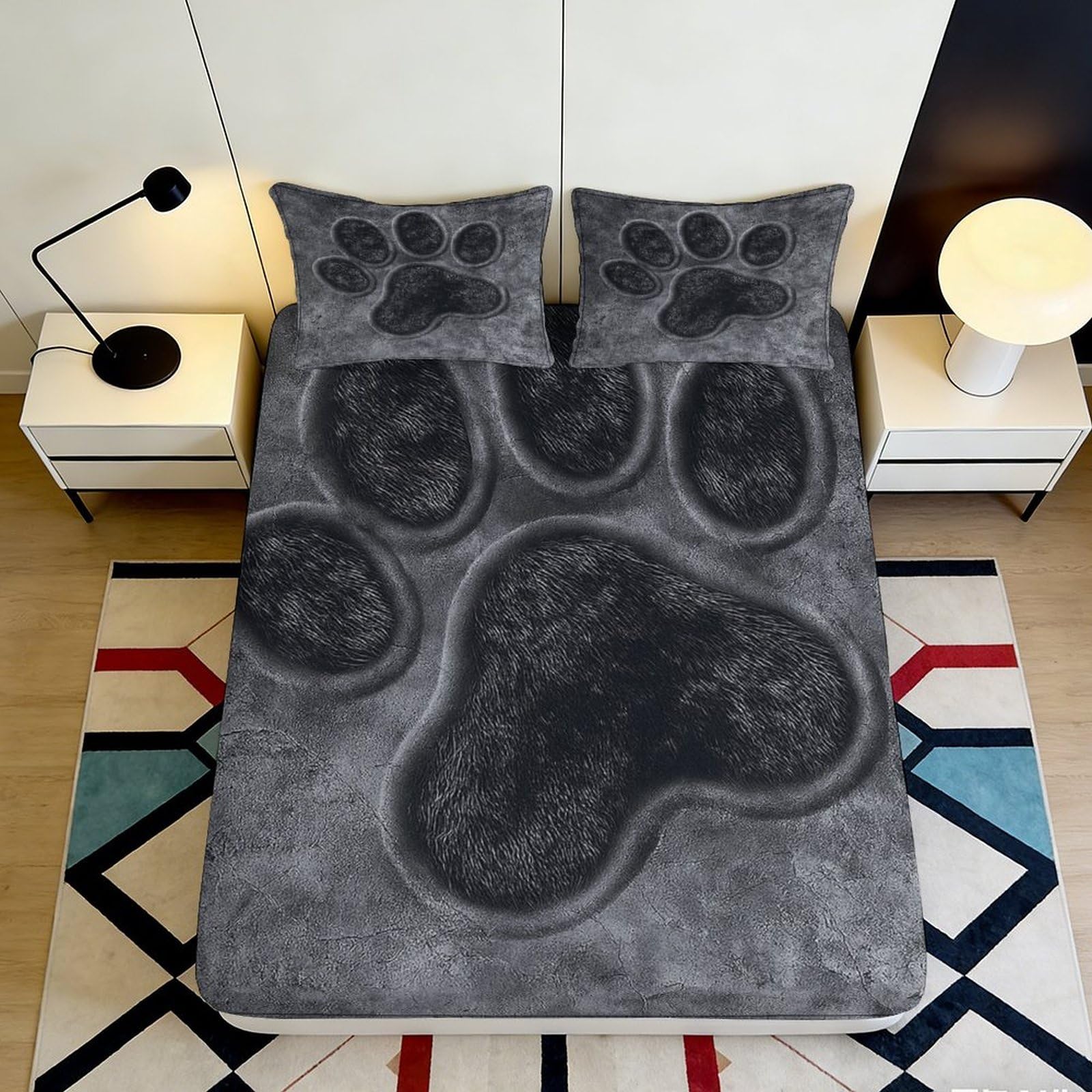 3D Printed Black Paw Print Fitted Sheet Microfiber Soft Breathable Grey Paw Pattern Mattress Cover for Bedroom Dormitory Guest Room Protection 90x200x25cm