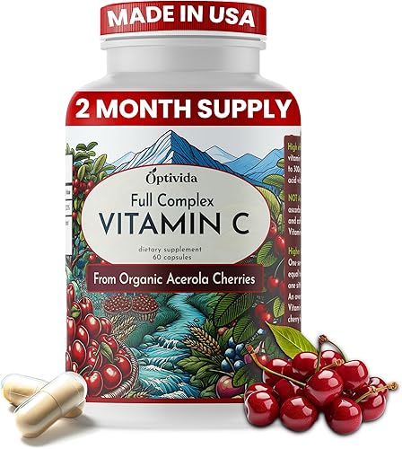 Miniatura 8 de OPTIVIDA Cápsulas de vitamina C de cereza y acerola natural a base de plantas, 60 unidades, vitamina C orgánica, suplemento vegano de ácido no