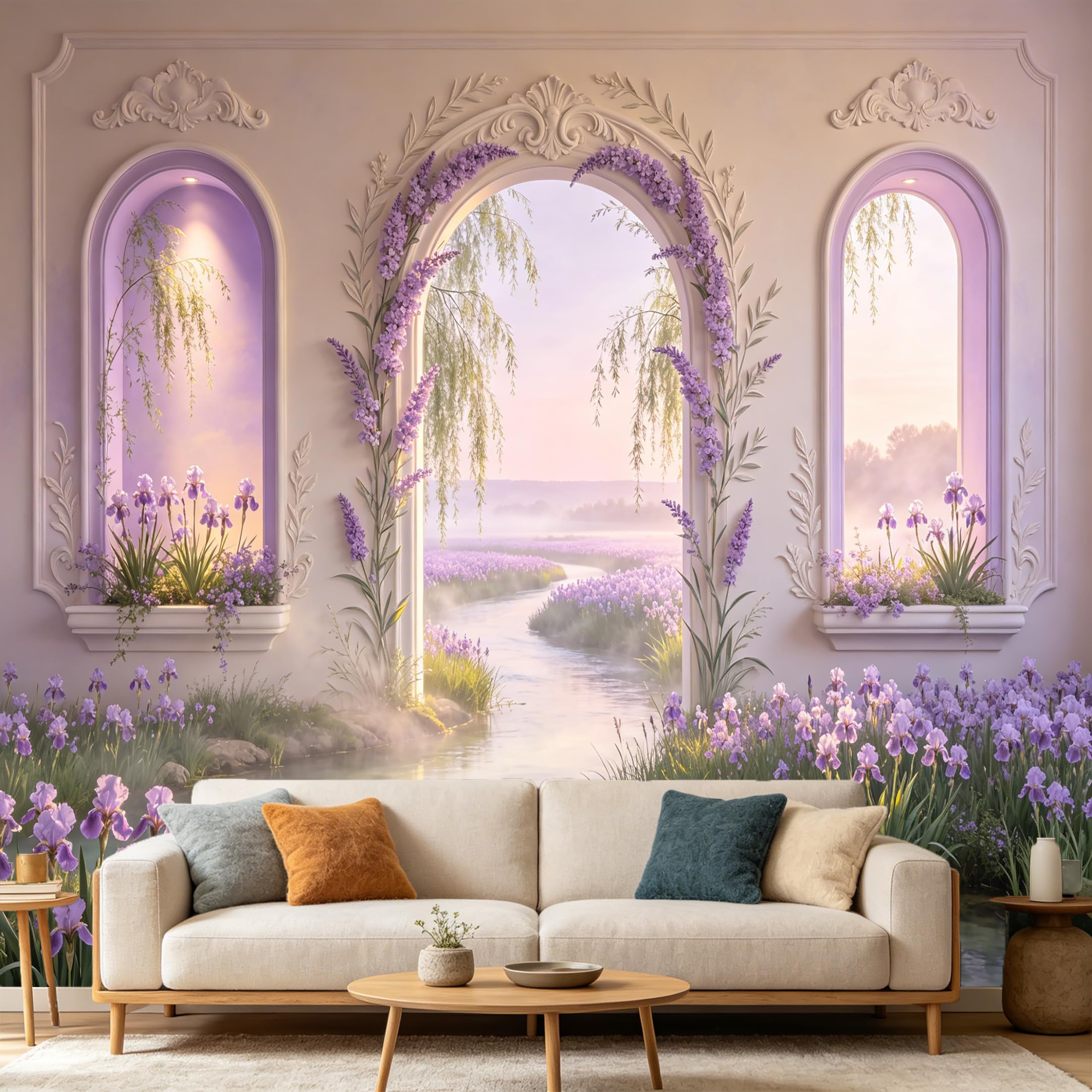 Custom Size Wall Mural， Purple Iris Flower River Archway Landscape， 3D Trompe L'Oeil Scenic View， SelfAdhesive Art Prints wall Fabric Removable Large Wallpaper Home Living Room Decor