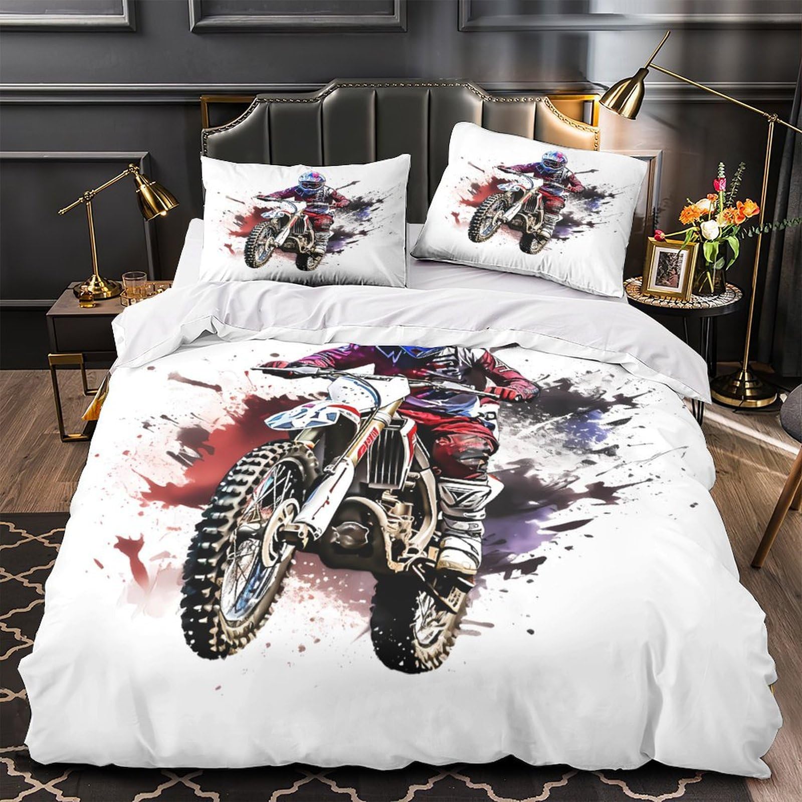Housse de couette motocross lit simple parure de lit microfibre douce pour ado et enfant