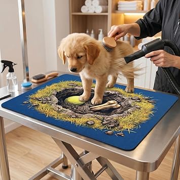 Absorbent Dog Grooming Mat 28x20 3D Effect Printed Dog Grooming Table Pad | Cute Tennis & Bone Print Non-Slip Soft, Easy to Clean, Calms Pets for Bathing, Grooming & Food & Water Bowl Placement