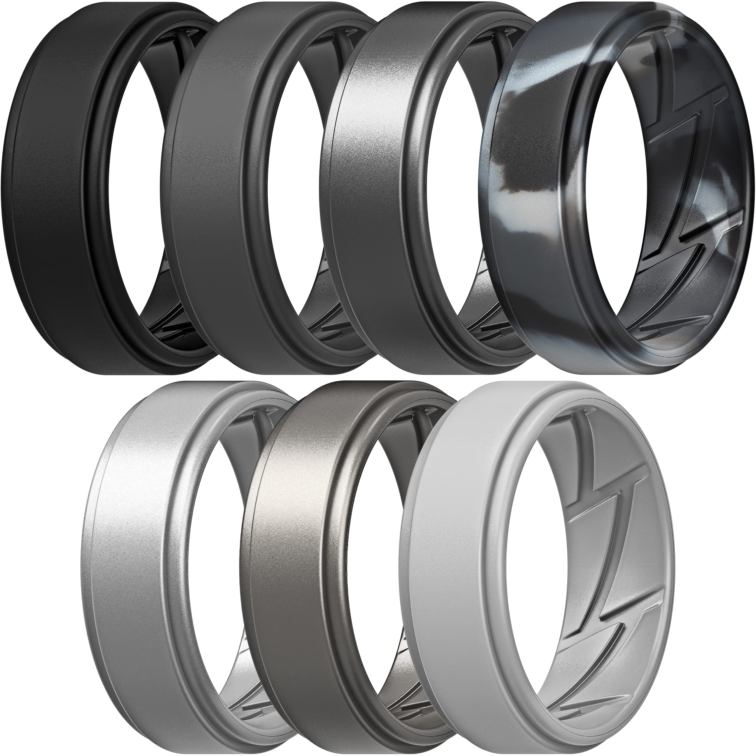 ThunderFit Silicone Wedding Rings for Men Breathable Airflow Inner Grooves, Step Edge Sleek Design Rubber Engagement Bands 8mm Wide 2mm Thick, Variety