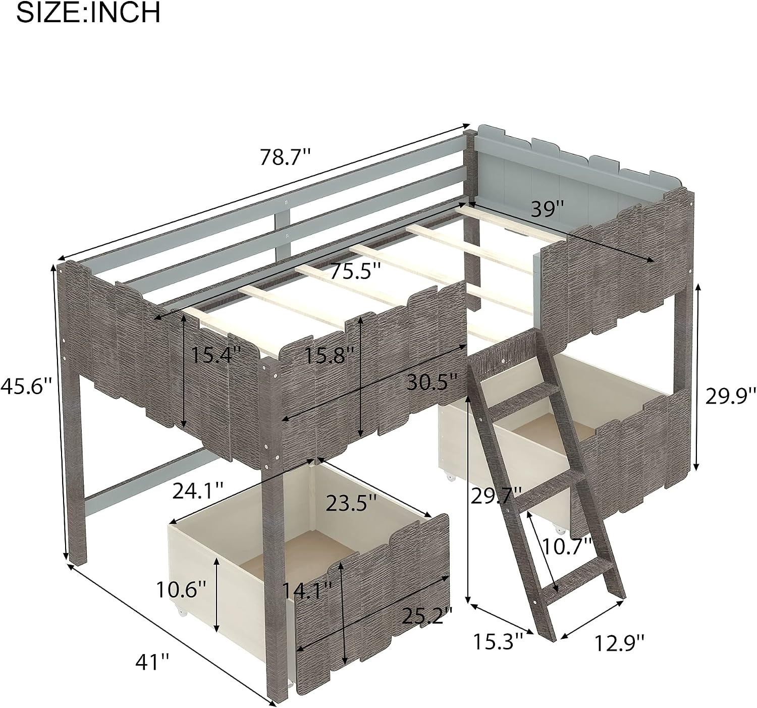 CITYLIGHT Rustic Twin Size Loft Bed with Two Drawers,Kids Loft Bed with Storage ,Wooden Low Loft Bed for Girls Boys Bedroom ,No Box Spring Needed,Antique Gray