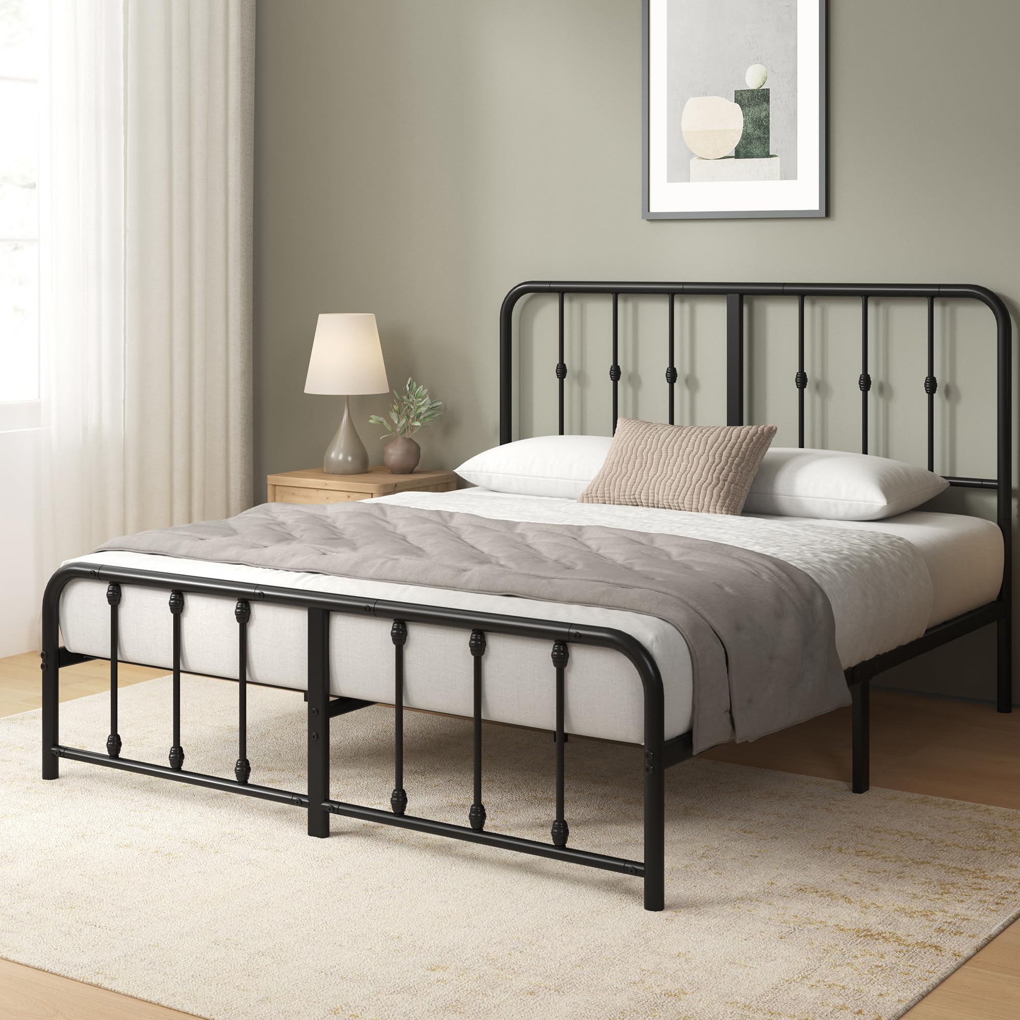 Zinus Florence Rete Matrimoniale 160x190 cm con Testiera in Metallo - Struttura Letto con Doghe Incluse - Altezza 35 cm con Spazio Sottostante - Facile da Montare - Nero