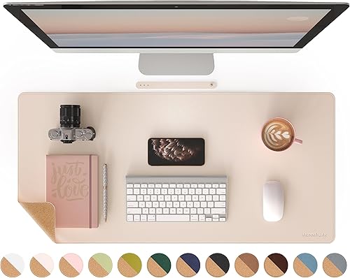 RENMTURE Alfombrilla de mouse de doble cara, corcho natural y piel sintética, grande para oficina y trabajo en casa, protector de escritorio