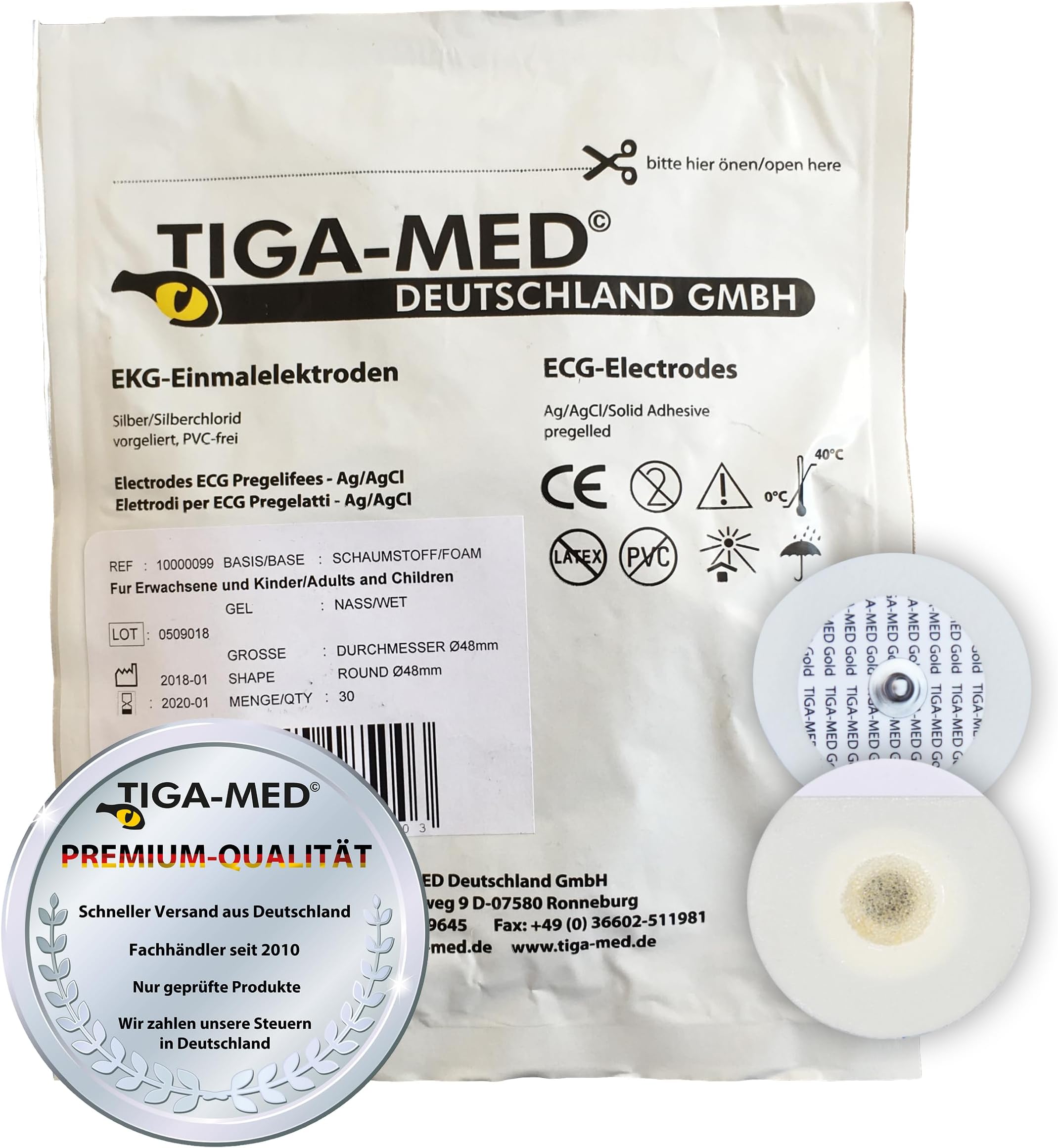 TIGA-MED 120 Disposable ECG Electrodes 48mm – Snap Connection (Ag/AgCl) – Liquid Gel Adhesive Pads – Latex & PVC Free – 4×30 Medical Monitoring Electrodes