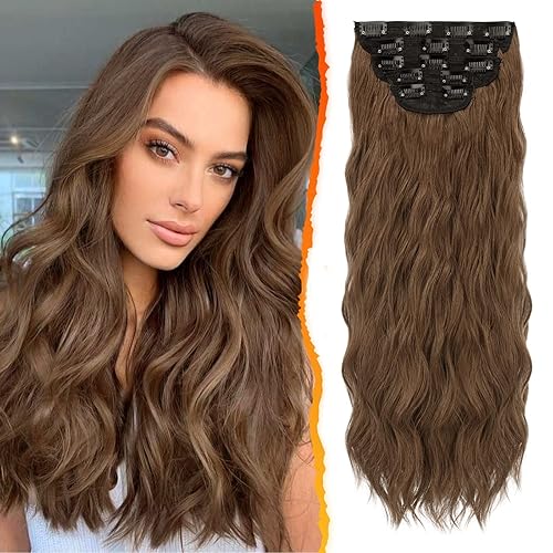 BARSDAR Extensiones de cabello con clip, 5 extensiones de cabello largo ondulado marrón morena con clip, grueso, natural, suave, de doble trama,