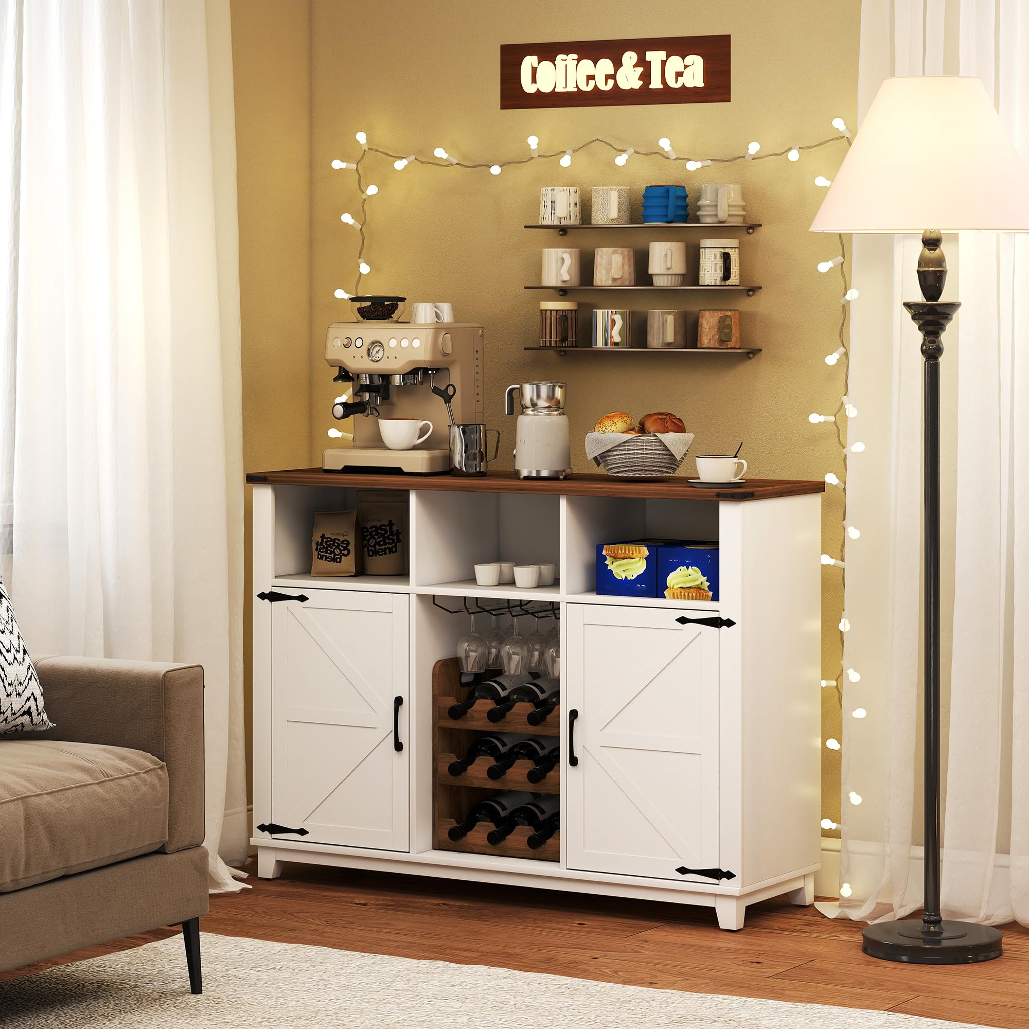 HOMCOM Aparador de Cocina con Botellero, Aparador con 2 Puertas de Granero, Estantes Ajustables y Soporte para Copas, para 9 Botellas, Buffet Auxiliar de Cocina para Comedor, Salón 120x37x88 cm Blanco