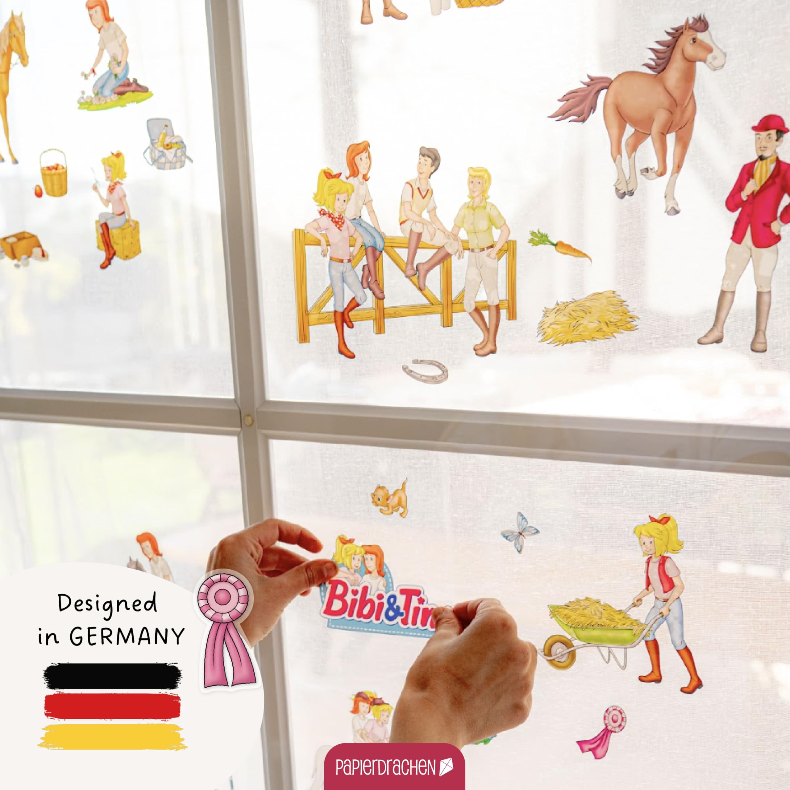 Papierdrachen WTD Fensterbilder Bibi & Tina - 6 hojas de pegatinas y pegatinas, estáticas y reutilizables, decoración de caballos para habitación infantil