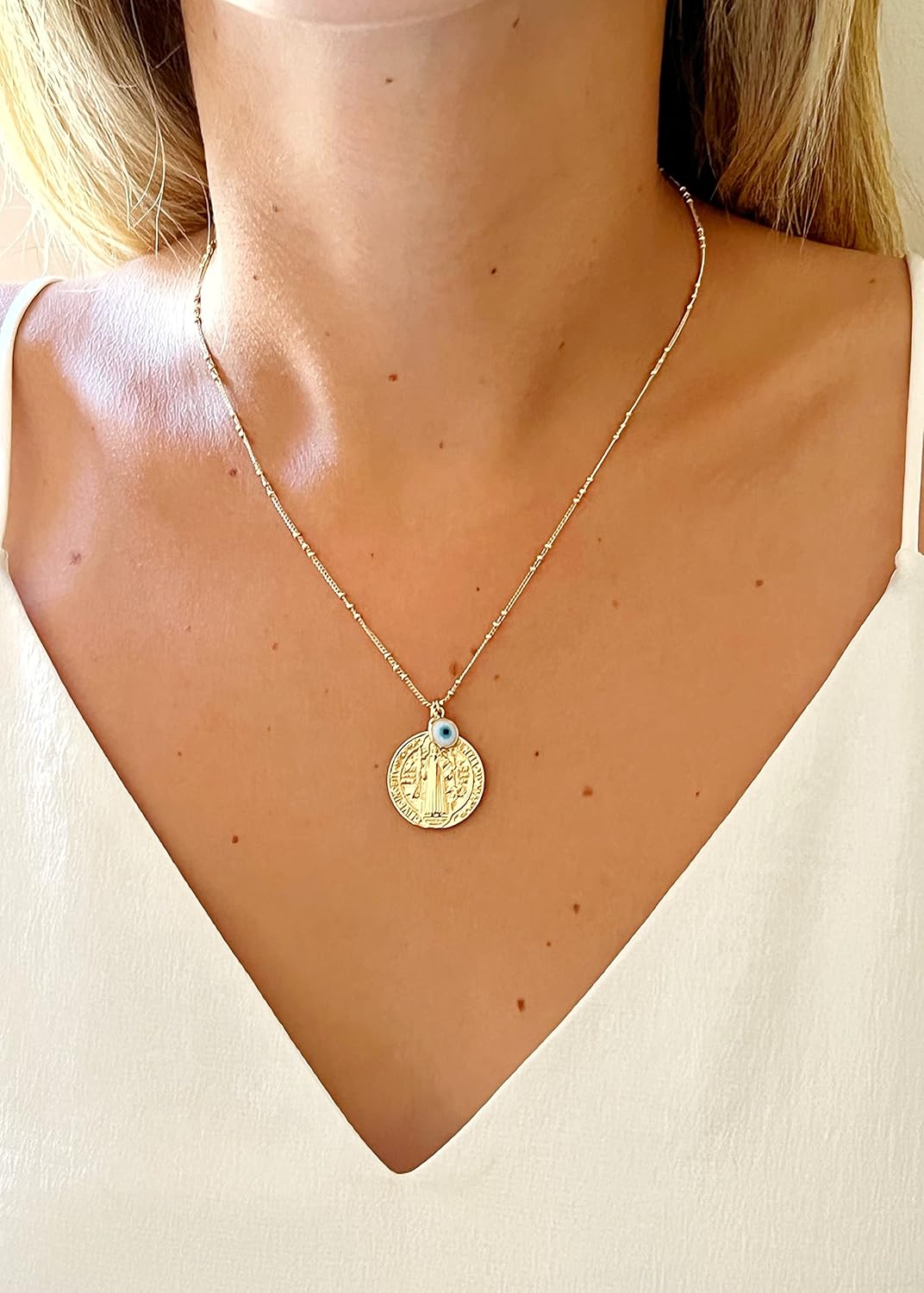 LESLIE BOULES Gold San Benito Pendant Necklace 18K Plated Chain & Small Evil Eye jewelry for Women