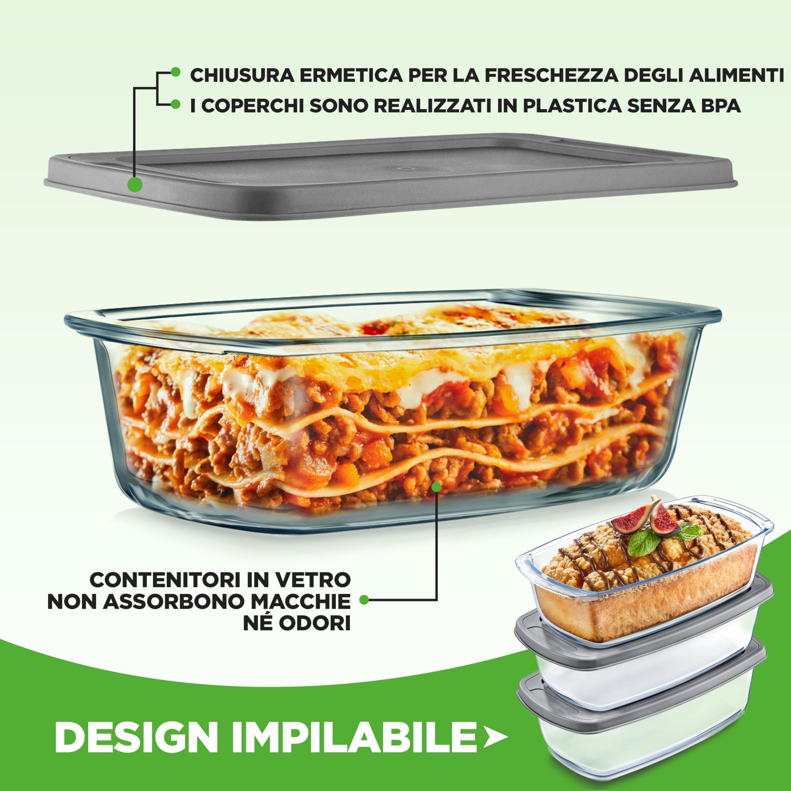 Nutrichef Contenitori Vetro per Alimenti da 1,8 Litri con Coperchio, Set 3 Teglie per Dolci, Torta, Plumcake, Pane, Lasagna e Pasta, Resistenti a Forno e Microonde