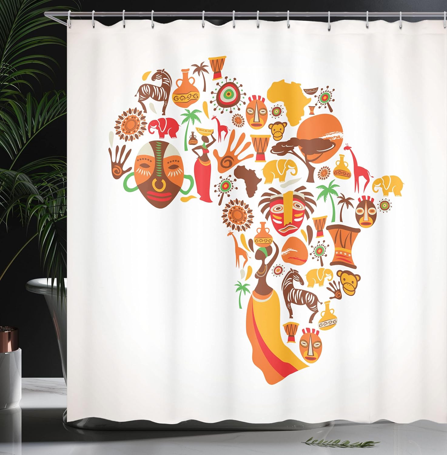 Ambesonne African Shower Curtain, Map Different Famous and Savannah Style Artwork, Cloth Fabric Bathroom Decor Set with Hooks, 69" W x 75" L, Orange Brown