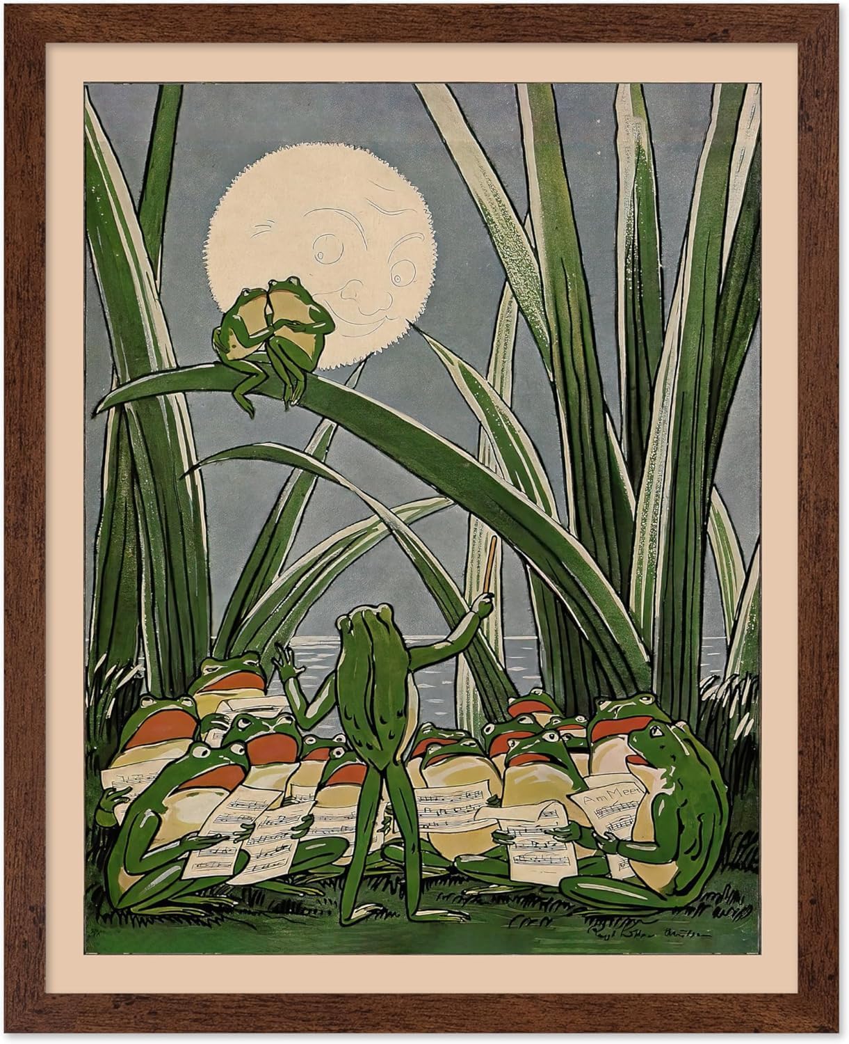 Poster Master Frogs Under The Moon - Frog Print - Lunar Art - Toad - Lake - Grass - Humorous -8x10 Poster & Brown Frame Bundle
