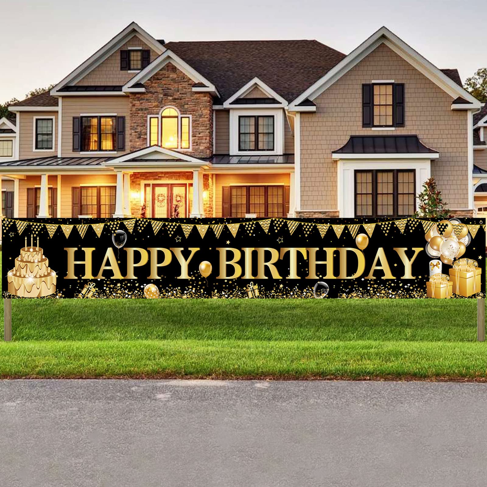 Happy Birthday Banner Black Gold, Happy Birthday Yard Banner, 118*20 Inch Large Happy Birthday Yard Signs Banner, Fabric Happy Birthday Sign Banner Backdrop Background Party Decorations for Boys Men