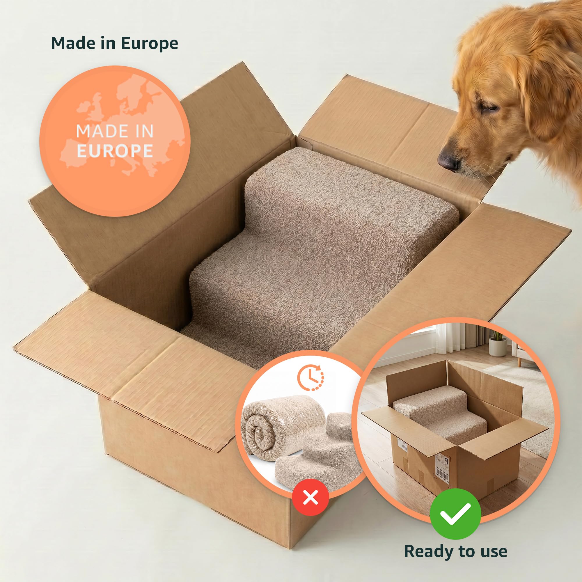 murando - Scala per Cani Piccoli - 3 Gradini - 30 cm - Scaletta per Cani e Gatti - Scale per Cane - Rampina in Schiuma con Antiscivolo per Letto Matrimoniale - Copertura Sfoderabile - Bouclé - Crema
