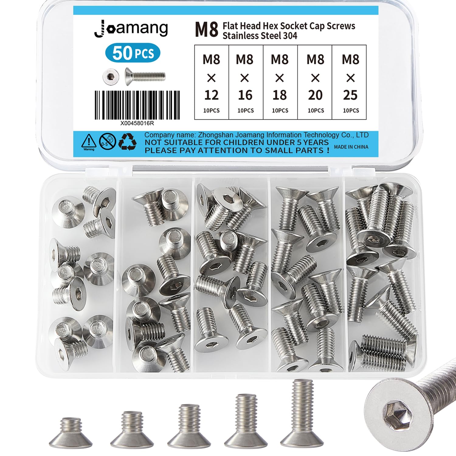 m8 x 12mm 16mm 18mm 20mm 25mm flat head hex socket cap screws countersunk bolts, stainless steel 304, metric allen drive, bright finish, fully threaded, assortment kit 50pcs