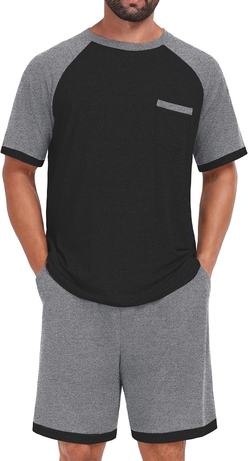 NUOKESASI Mens Pajamas Set Lightweight Nightwear Summer Pjs Sleepwear Soft Short Sleeve Loungewear Printing With Pocket