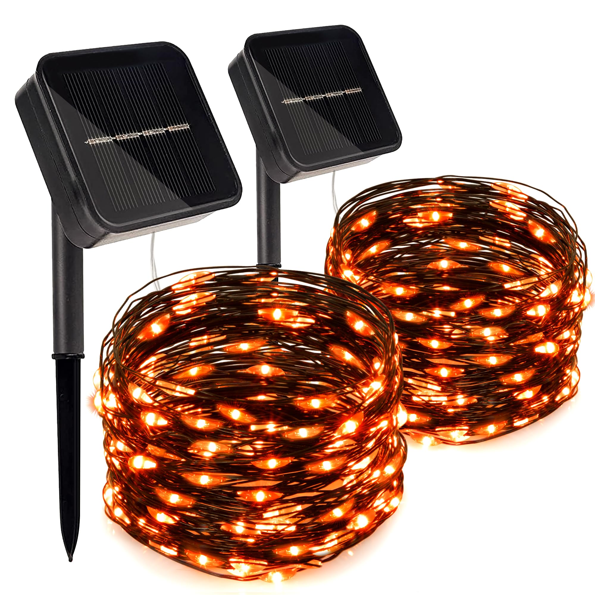 kemooie 2 Pack 100 LED Orange Solar Halloween Lights, 8 Twinkle Modes Waterproof Upgraded Solar Powered Fairy Lights, for Outdoor Garden Patio Christmas Halloween Decorations (Orange)