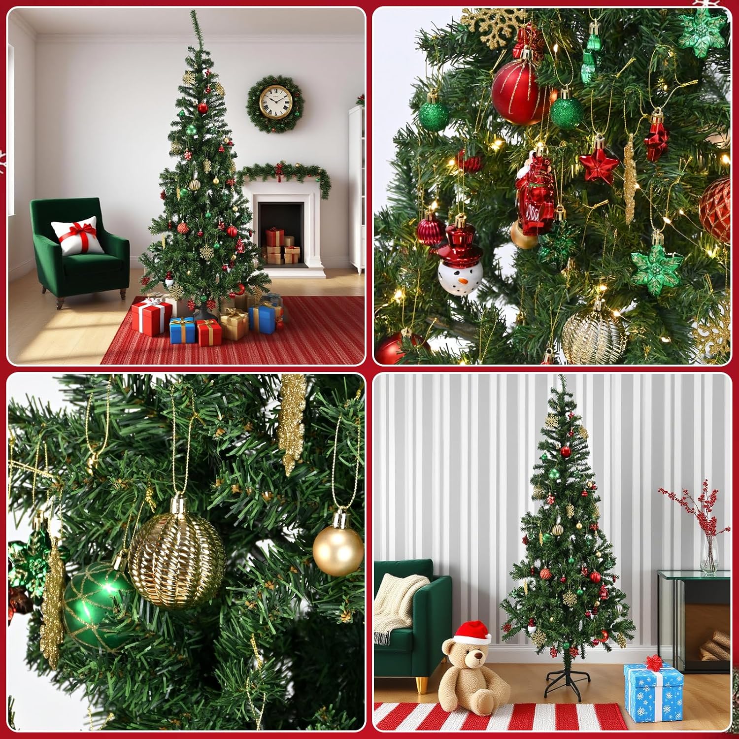 70 Pcs Christmas Ball Ornaments Set，Shatterproof Gold Ornaments for Xmas Tree，Christmas Ball Tree Hanging Ornaments for Christmas Decoration (Red Green)