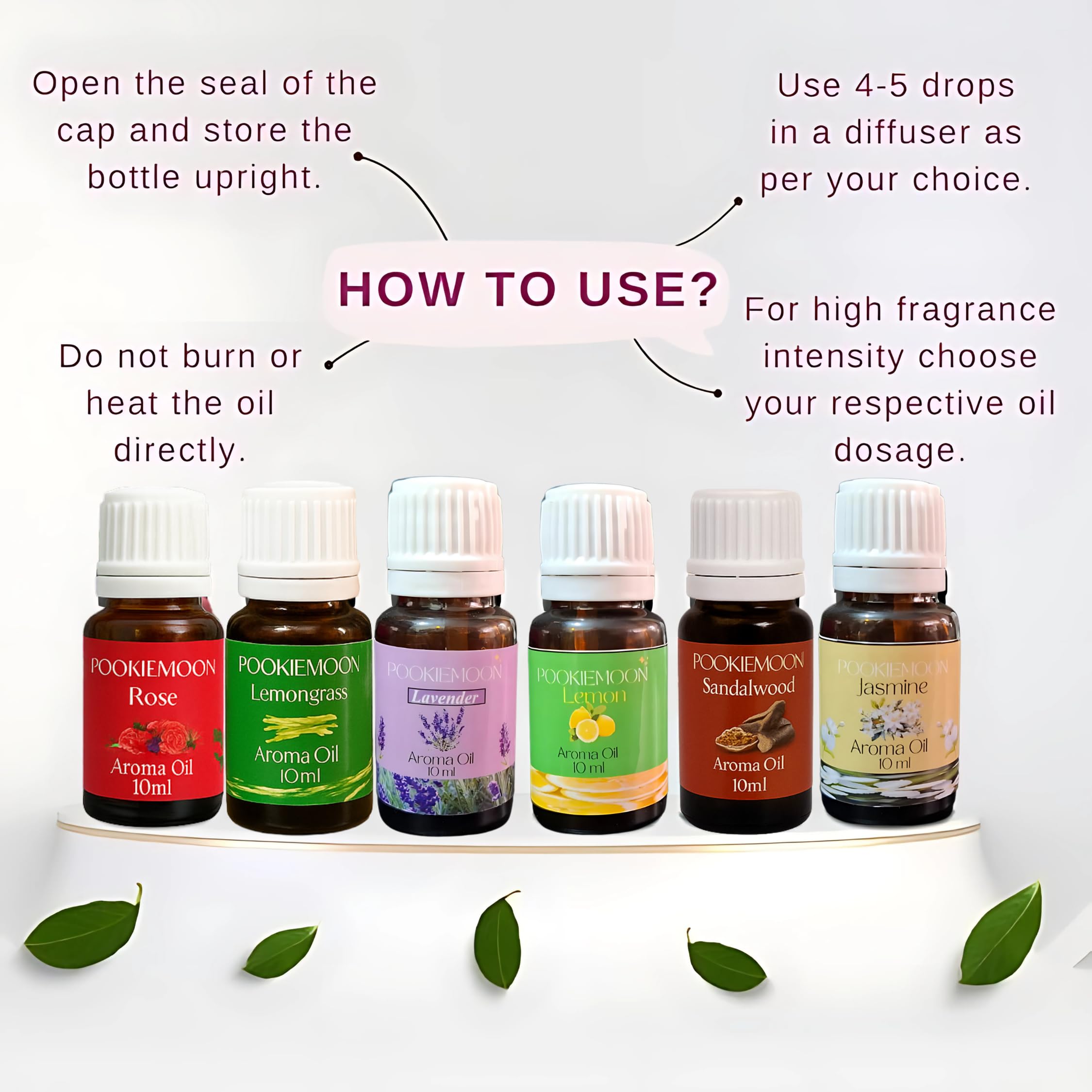Pookiemoon Aroma Oil Set 6 x 10ml | Lemongrass, Lavender, Jasmine, Lemon, Sandalwood, Rose | Fragrance Oils for Burners, Diffusers & Home Use - Image 3 thumbnail