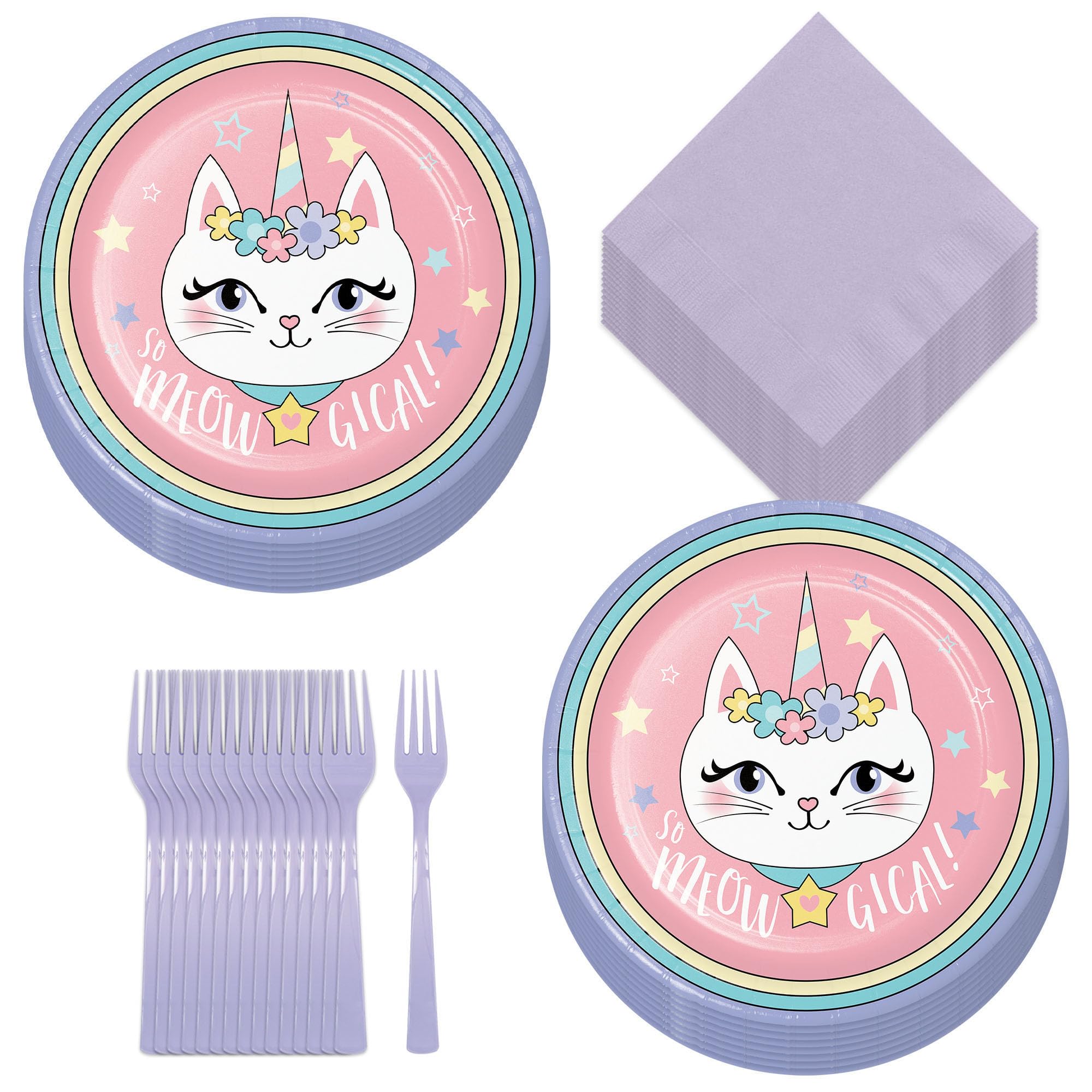 Live It Up! Party Supplies Sassy Caticorn - Fancy Unicorn Cat Meowgical Paper Dinner Plates, Lunch Napkins, and Forks(Serves 16)