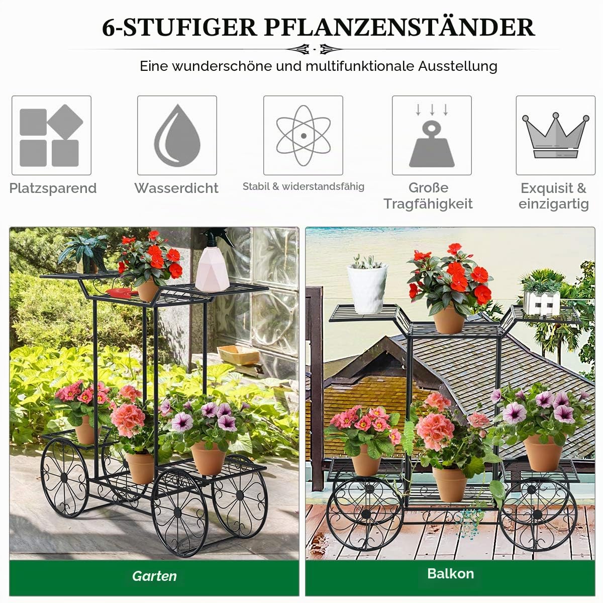 COSTWAY Pflanzenregal Metall, Blumenregal schwarz, Blumenständer mit 6 Ablagen, Pflanzenhalter für den Innen- und Außenbereich, Pflanzenständer Balkon Garten , Freistehender Blumenwagen