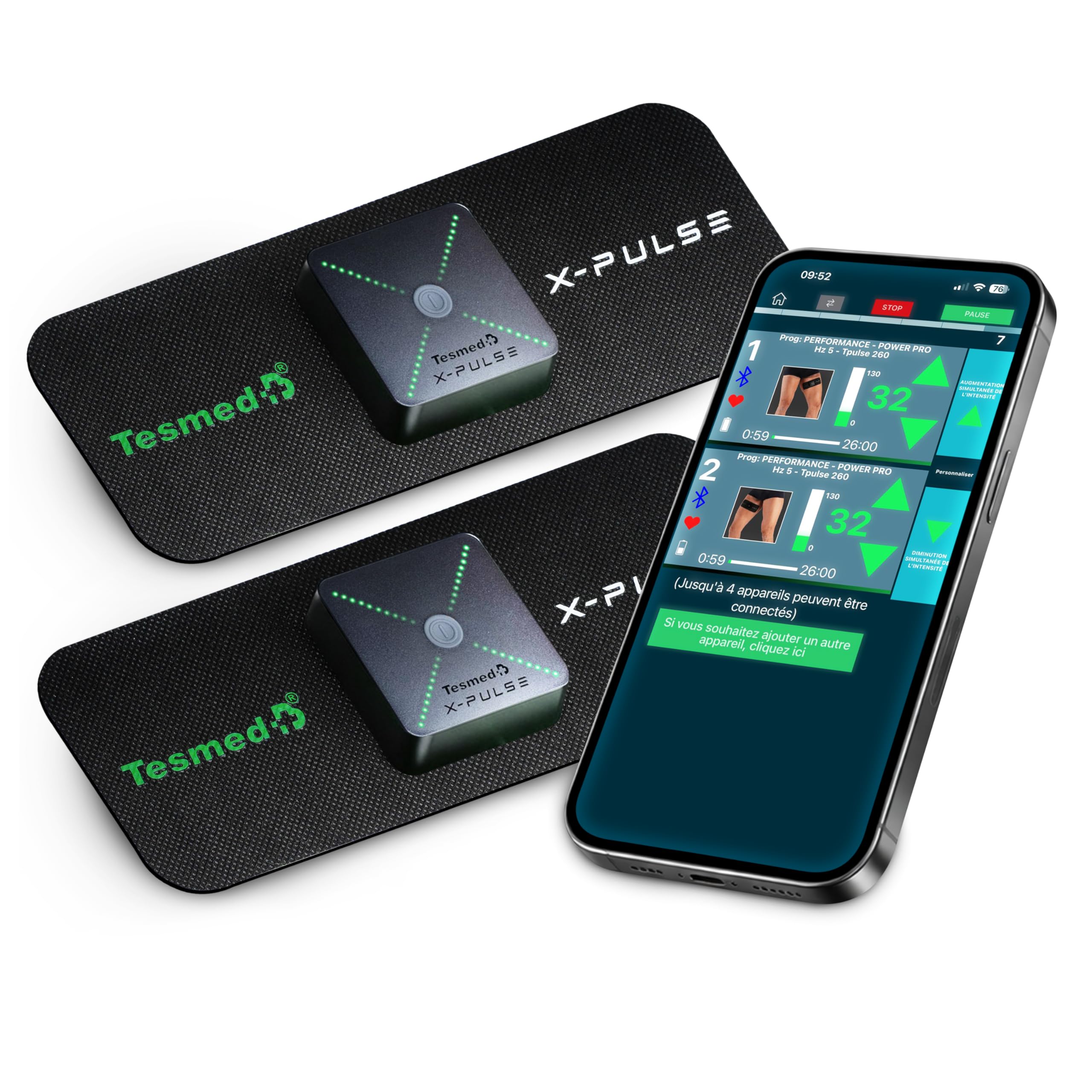 TESMED X-Pulse Électrostimulateur EMS sans Fil, 2 Dispositifs | Rechargeable et piloté par application, multi-zone, programmes personnalisables et 130 niveaux d’intensité.
