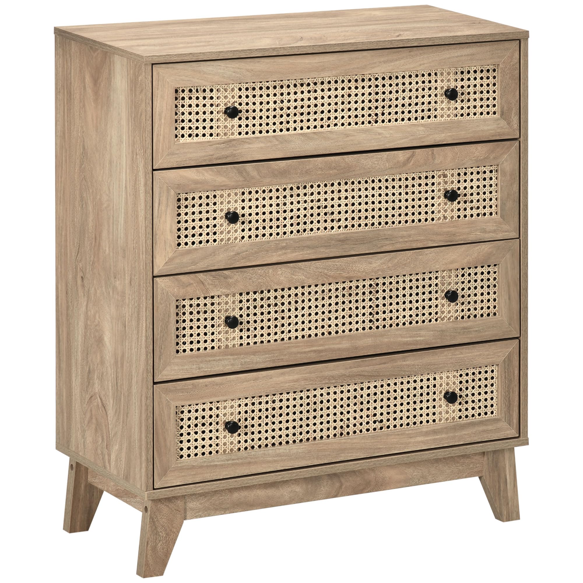 HOMCOM Commode 4 Tiroirs 80 x 35 x 95 cm Aspect Bois Clair | Meuble de Rangement avec Cannage en Rotin