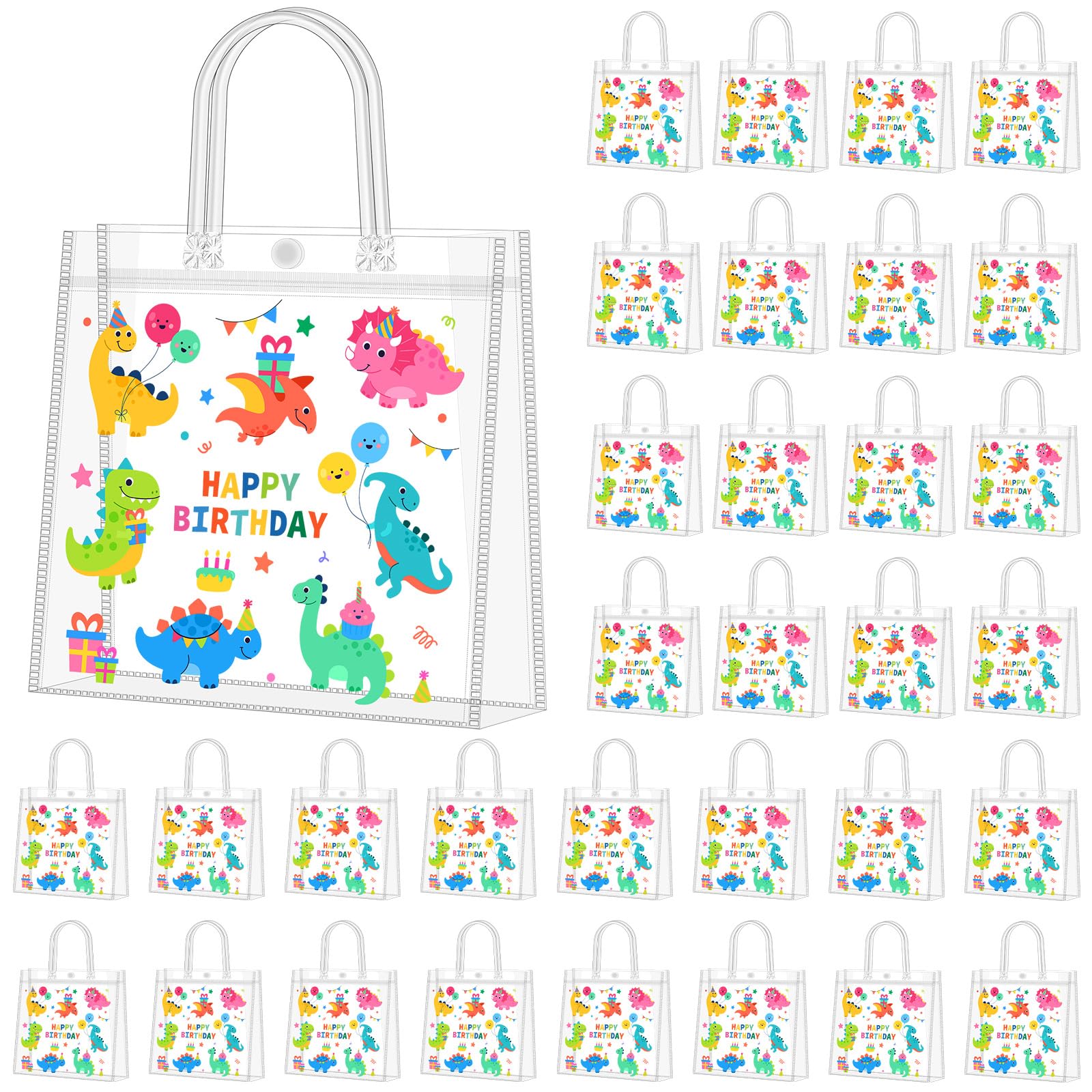 Supervitae 36 Pcs Dinosaur Clear Favor Bags with Handle Reusable Plastic PVC Gift Bag Animal Goodies Treats Wrap Totes for Birthday Party Supplies, 8