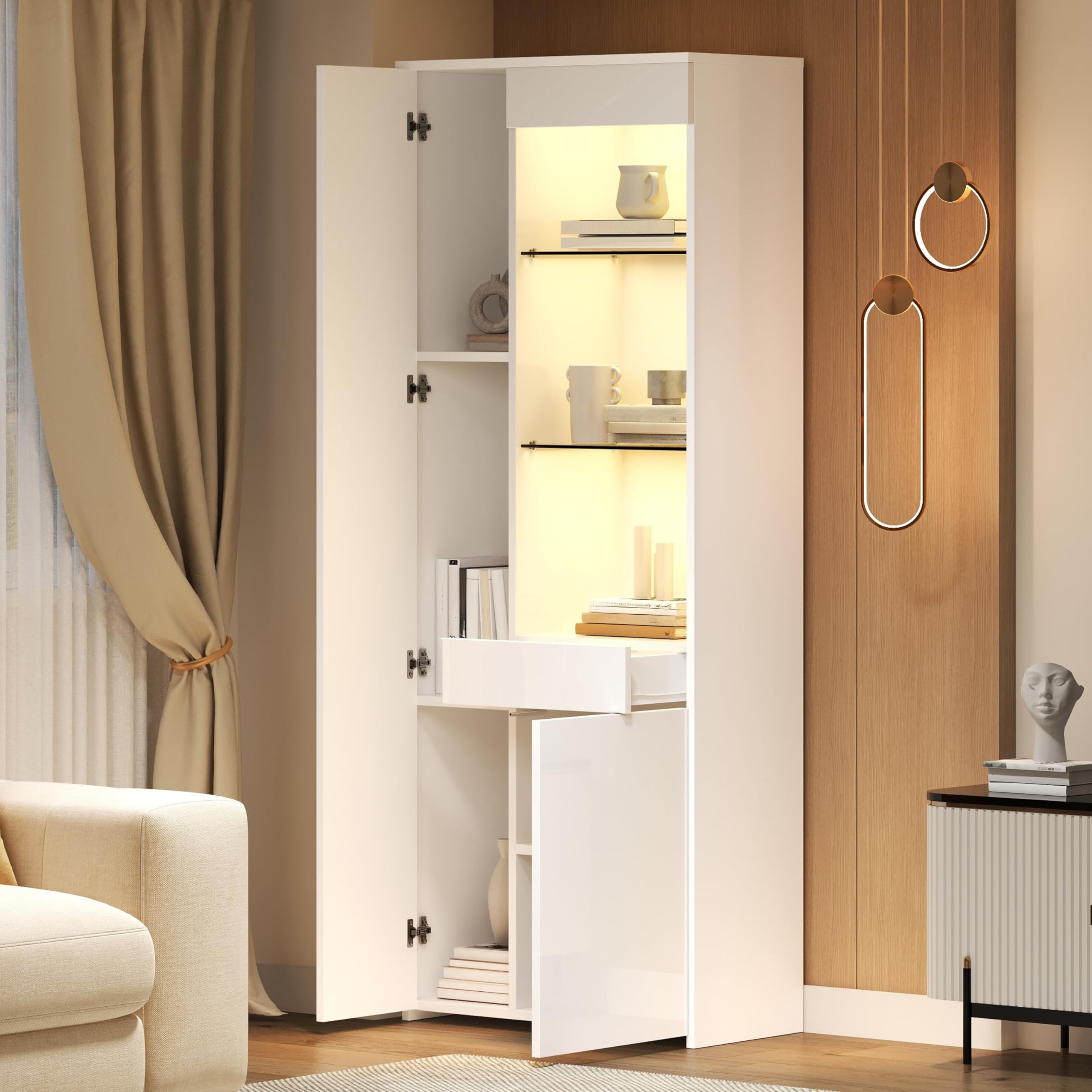 Vitrina blanca brillante con LED – 70 x 35 x 180 cm – Moderna vitrina de cristal con cajón – vitrina de pie y tablero alto para salón – Armario alto con compartimentos abiertos