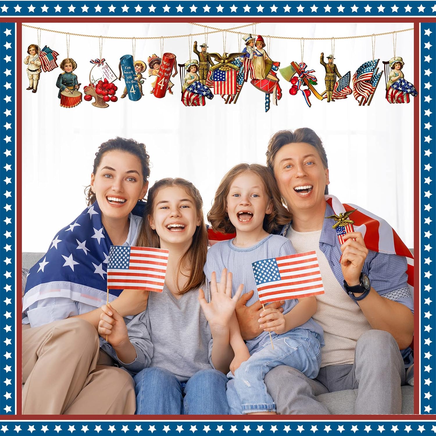 Panelee 24 Pcs 4th of July Ornaments for Tree Vintage Patriotic Tree Decorations Wooden Independence Day Red White Blue Hanging Ornament for 250th Anniversary Home Patriotic Party Decor(Vintage)