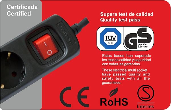 Silver Electronics - Regleta Enchufe con 3 Tomas con Interruptor, Negro, 3 Enchufes, Cable de 1,5 Metros, Protección Infantil, Toma de Tierra - 3