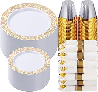 Goodluck 350 Piece Gold Plastic Dinnerware Set for 50 Guests, Disposable Lace Plates for Party, Include: 50 Gold Plates, 5...