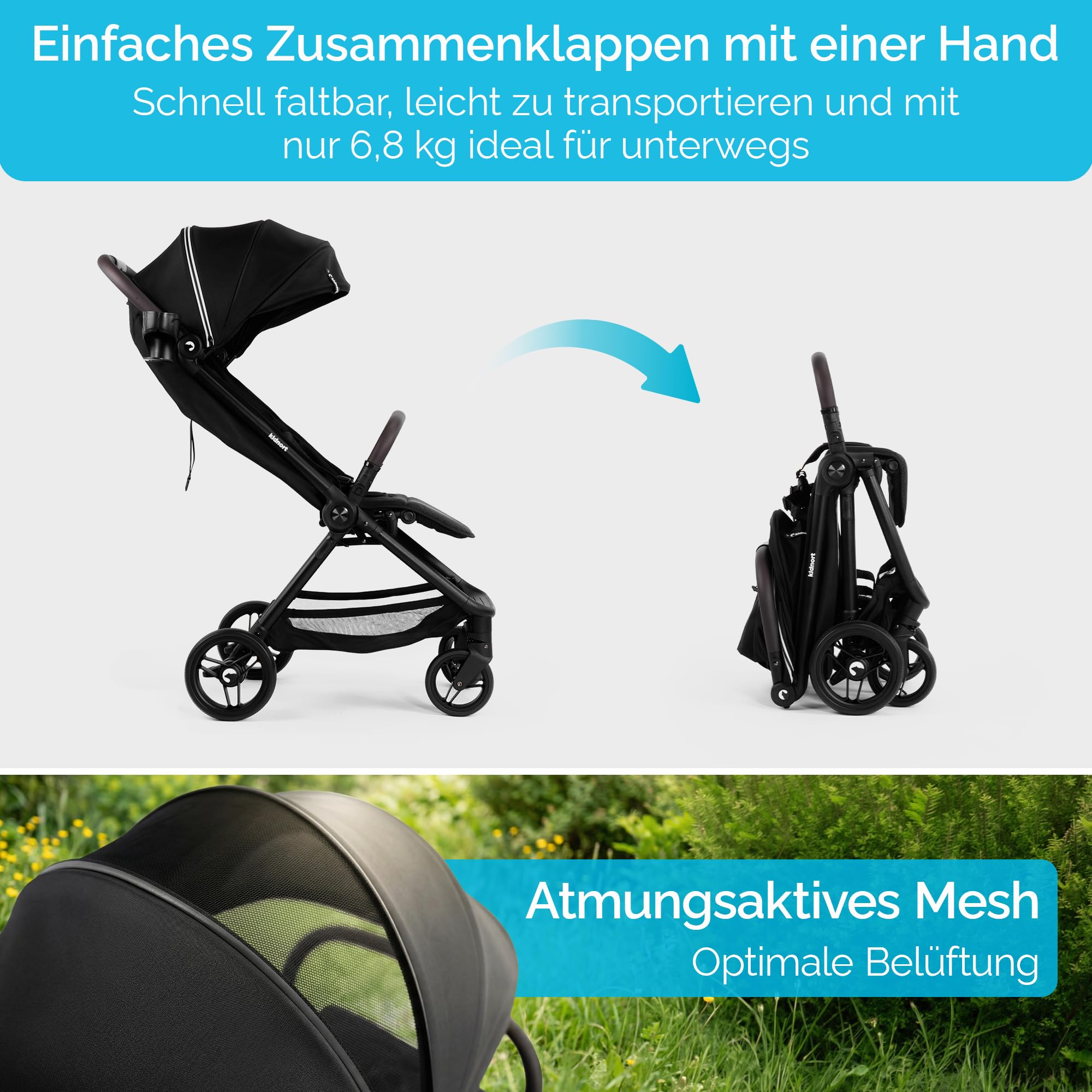 Snøugle Reisebuggy leicht faltbar mit Liegefunktion, Einhand-Faltung, bis 22 kg, 5-Punkt-Gurt, Federung, Verdeck Schwarz