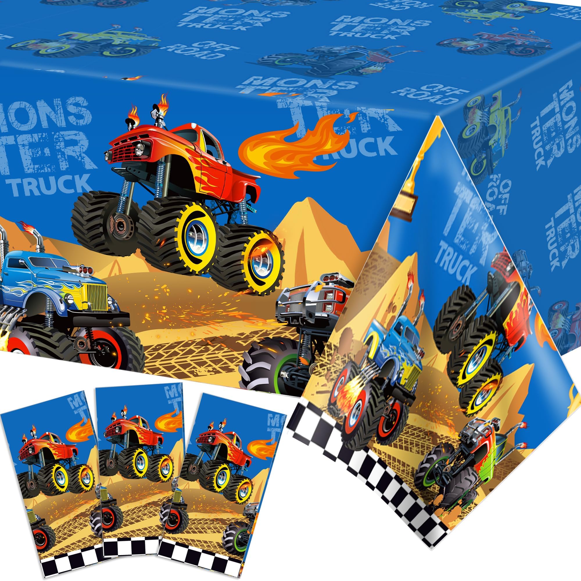 HunnmingRe 3 Pcs Monster Truck Tablecloths Plastic Happy
