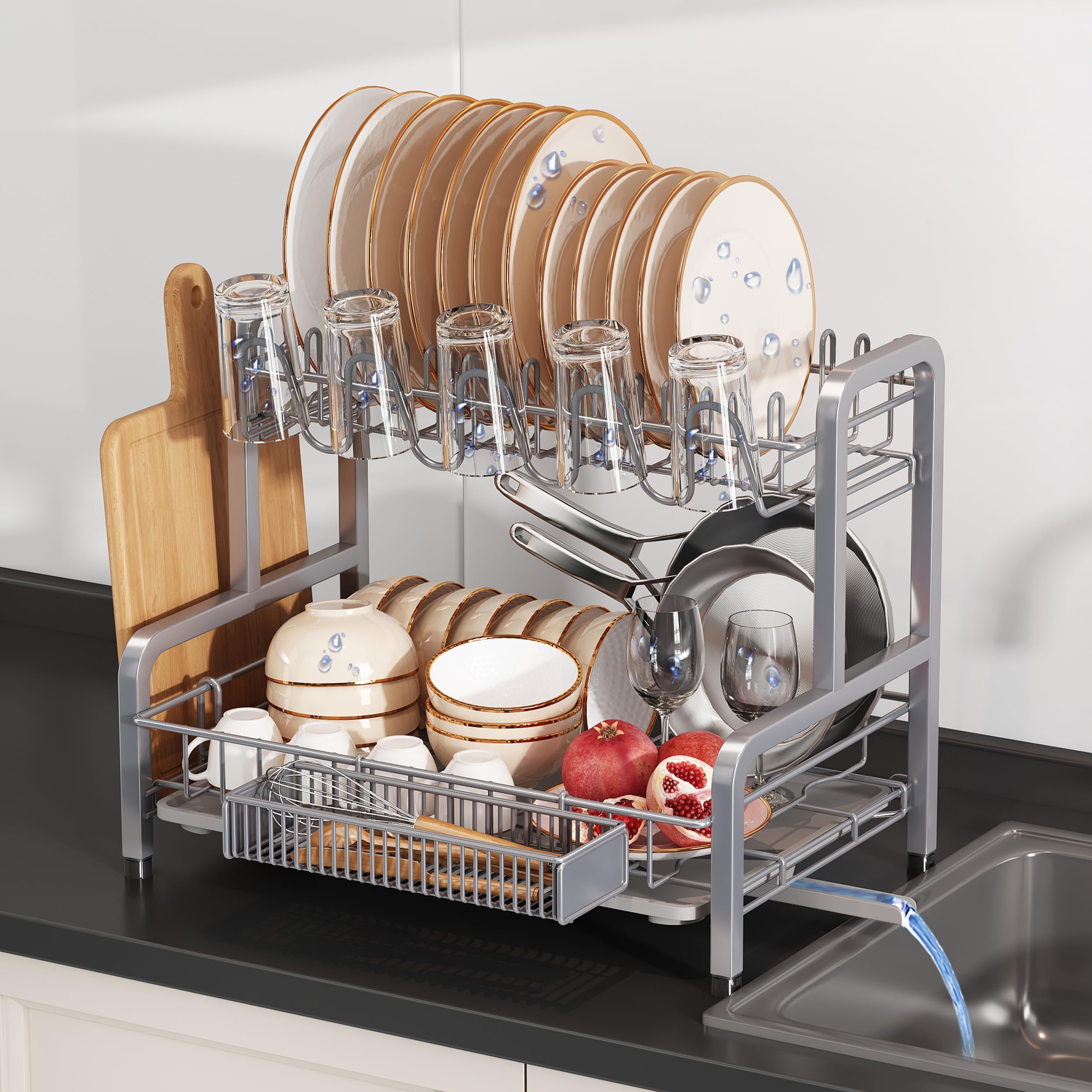 Photo 1 of 2 Tier Dish Drainer Drying Rack for Kitchen Counter, Large Stainless Steel Dishes Dryer with Drainboard, Space Saving, Big Rustproof Metal Modern Countertop Plates Strainer with Utensil Holder, Sliver