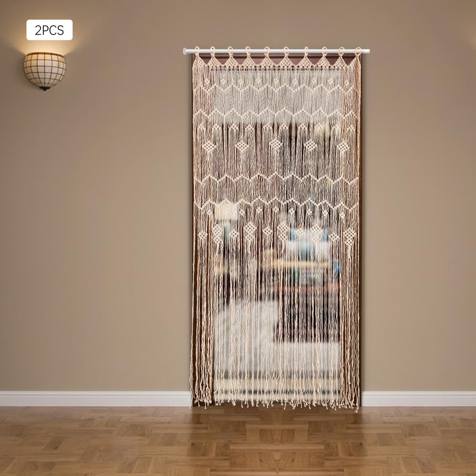 Rideaux en macramé bohème, tissés à la main, anneaux en bois, grand rideau en macramé, style bohème, à suspendre au mur ou à la fenêtre, décoration élégante pour la maison et le mariage