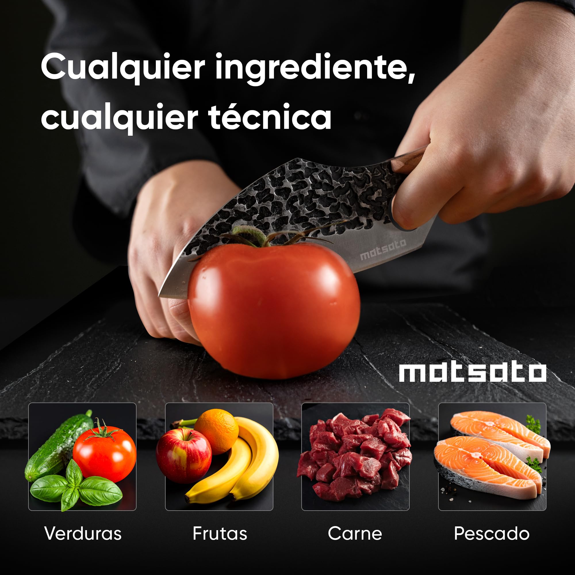 Matsato Cuchillo de Chef Profesional de Acero Damasco, Cuchillo de Cocina Multifuncional, Mango de Madera Ergonómico con Diseño de Agujero para Mejor Control