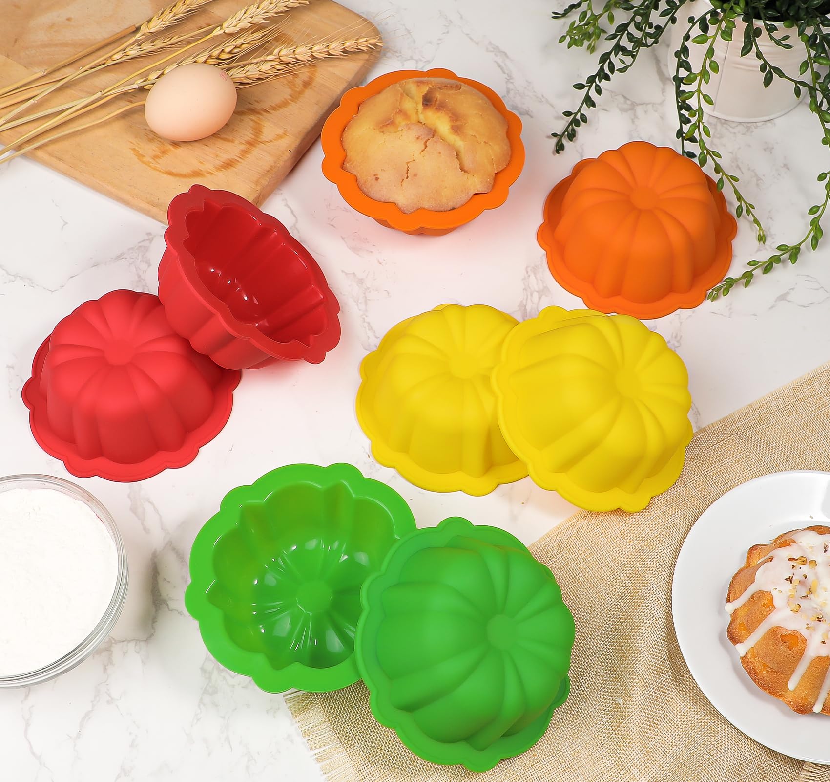 Webake 4 Inch Silicone Mini Bunt Cake Pan Set of 8, Nonstick BPA Free Fluted Tube Cake Pans for Baking, Muffins, Cupcakes