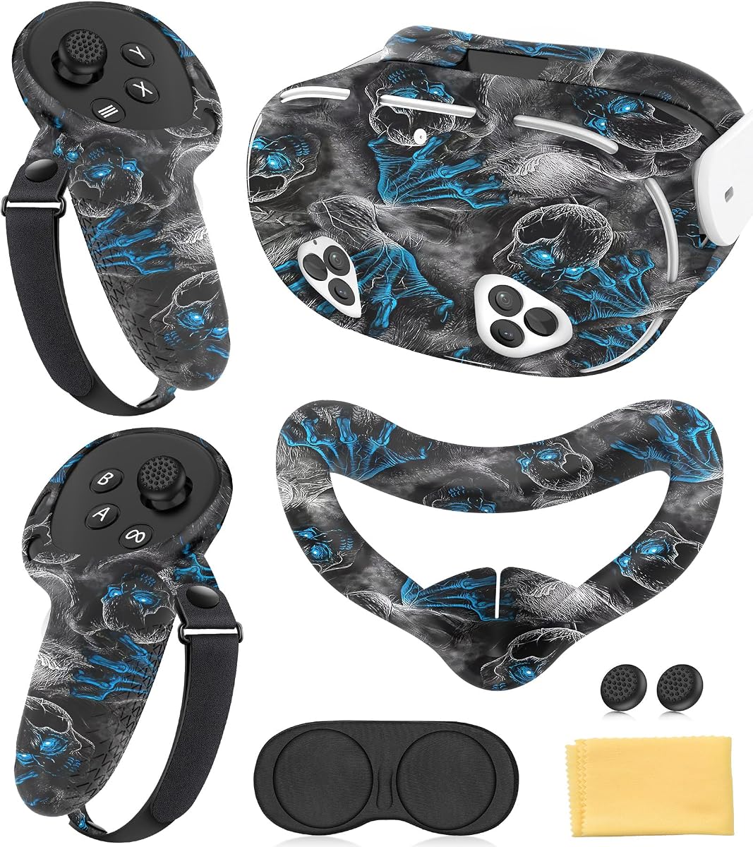 Silicone Cover Set Compatible with Meta/Quest 3S Accessories, Controller Grips, VR Protector Face & Front Shell Headset Cover and Lens Protective Cove-r (Illusion Black)