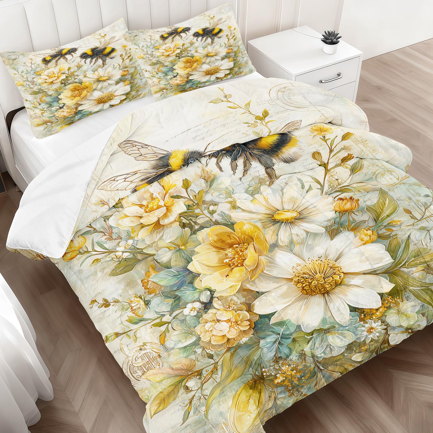Parure lit 3 pièces motif floral vintage avec couette légère 200x200 et taies d'oreiller
