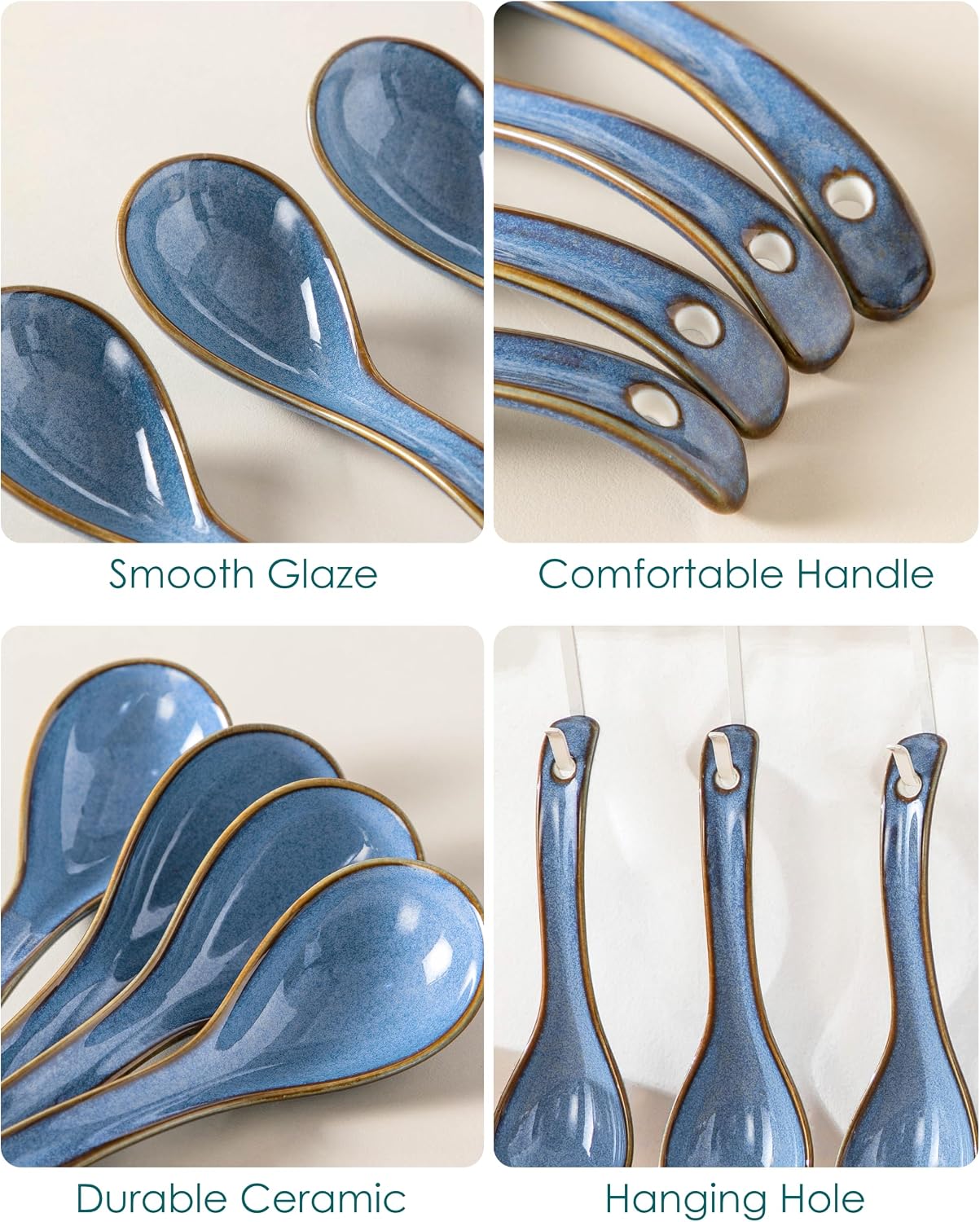 vancasso Ceramic Soup Spoons Set of 6, 6.5 Inch Large Asian Ramen Spoons