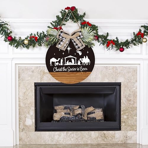 Miniatura 3 de Whaline Letrero colgante de madera de Navidad letrero rústico para puerta delantera Nativity Christ the Salvador is Born con lazo para el hogar