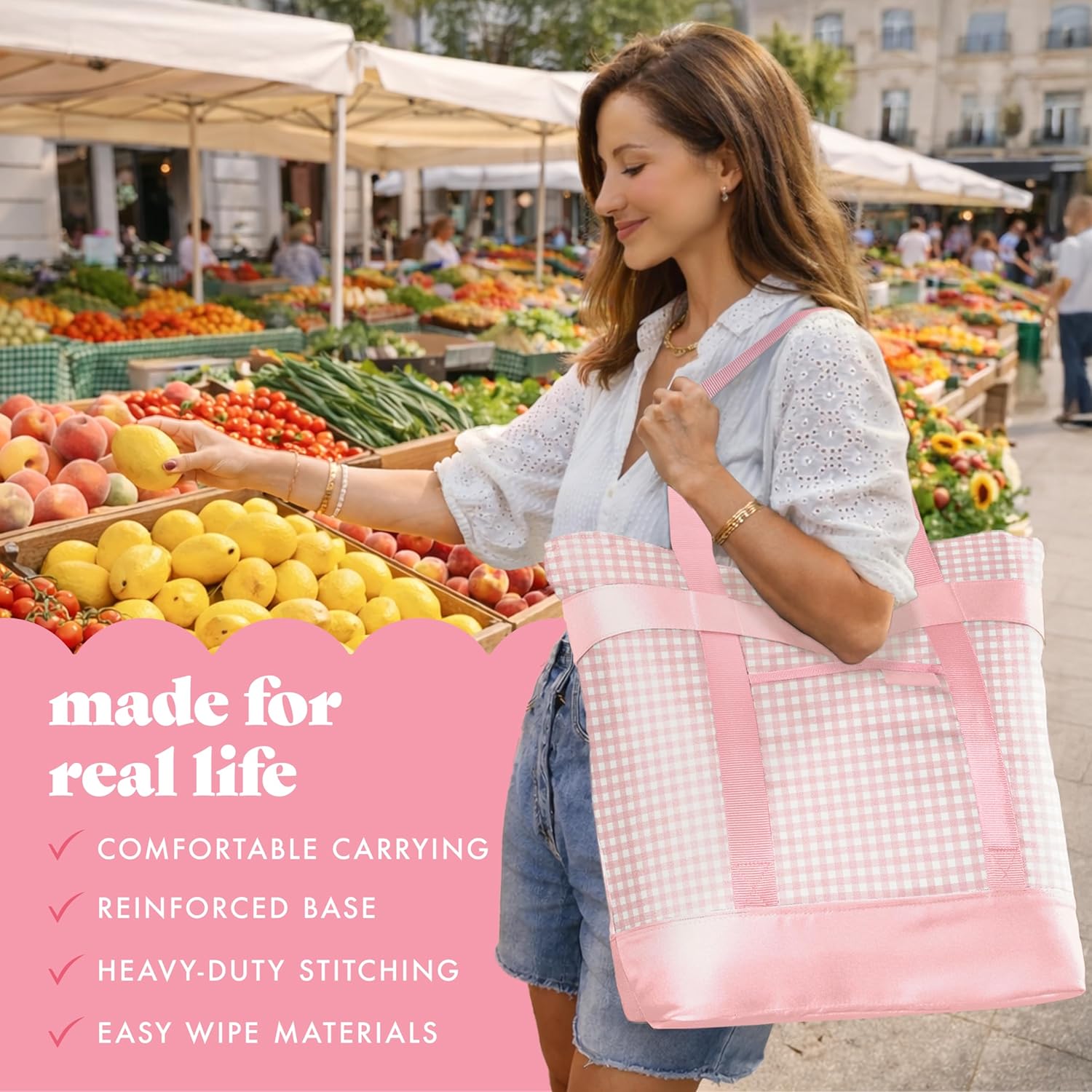 Fit & Fresh Insulated Grocery Tote Bag – Large Reusable Thermal Cooler Bag for Shopping, Food Delivery & Catering – Premium Leak Resistant Food Carrier, Foldable Soft Cooler, Pink Gingham