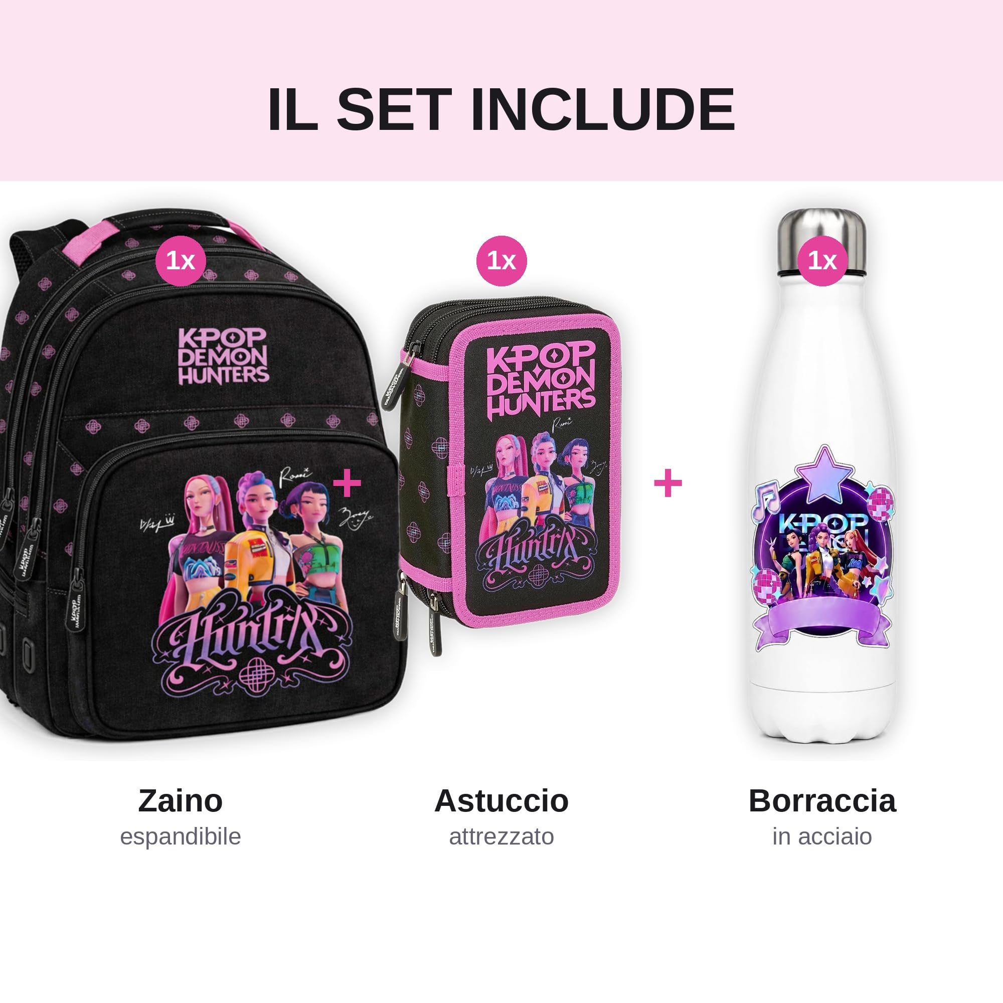 VARZI Zaino + Astuccio KPop Demon Hun ters Huntrix con Borraccia in Omaggio - Set Scuola Bambina KPop Fan