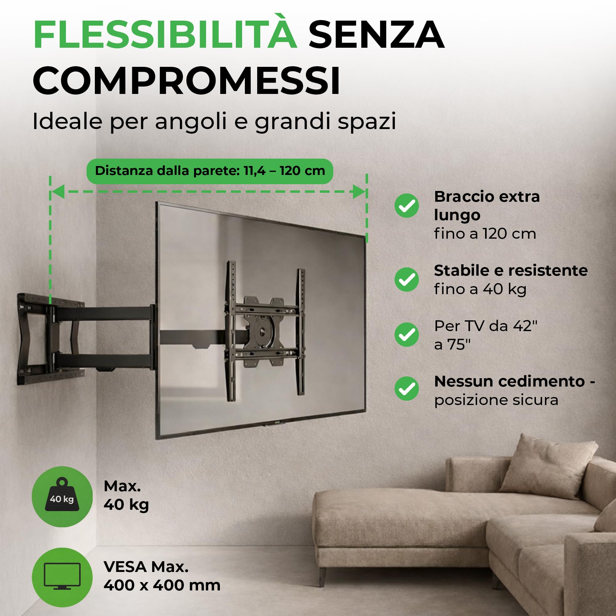 TiTon Flex 80 cm Supporto TV Parete per 27–85 Pollici – Braccio TV Estensibile fino a 80 cm, Girevole, Inclinabile e Rotazione, Portata 60 kg, VESA fino a 400x400 mm, Gestione Cavi Integrata