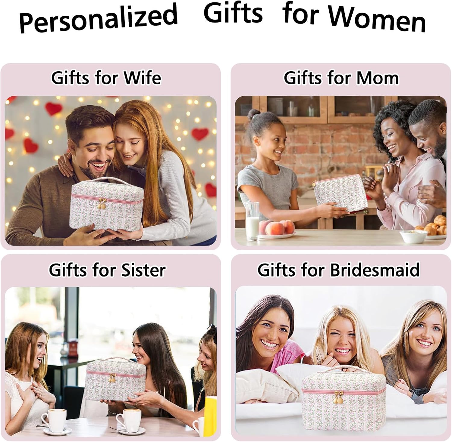 3Pcs Quilted Pink Floral Makeup Bag Cosmetic Bag for Women Teen Girls,Cute Flowers Make Up Bags,Aesthetic Large Cotton Cosmetic Pouch,Flower Coquette Travel Toiletry Organizer Storage Bag - Image 7