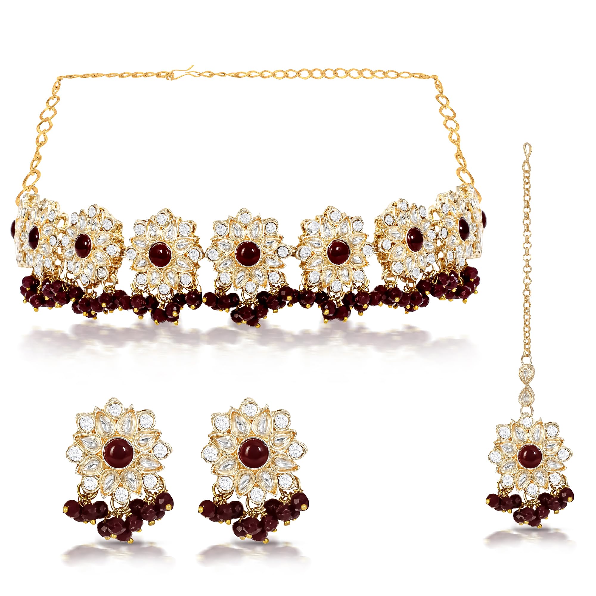IIJ Golden and Maroon Pearl Choker Necklace Set | Stud Earrings and Flower Layer-Shaped Rhinestone Design with Maang Tikka | for Wedding Events Women’s and Girl Accessories (B0D9YNTJBQ) Amazon Price History, Amazon Price Tracker
