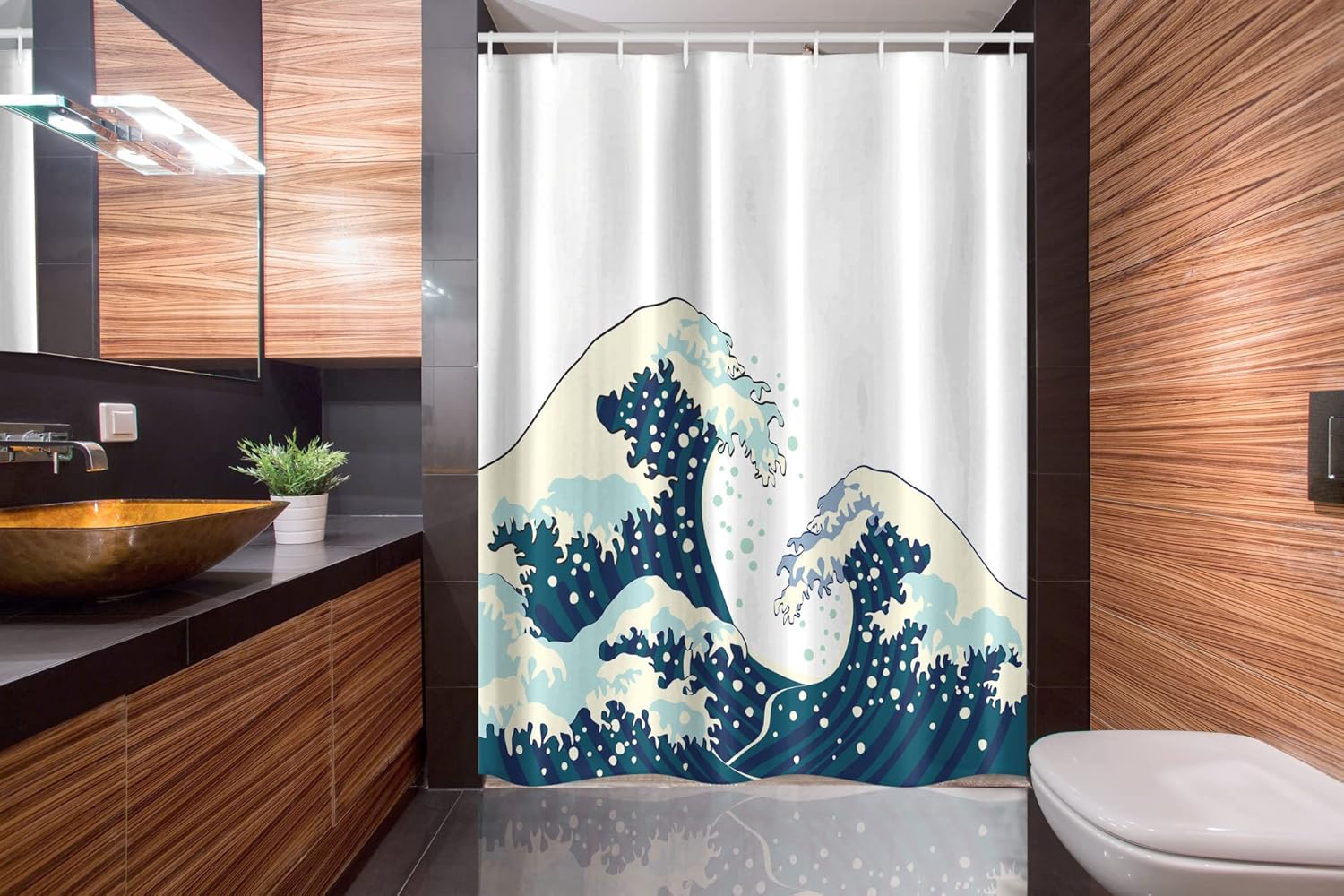 Ambesonne Waves Stall Shower Curtain, Japanese Kanagawa Illustration Nautical Ocean Surfing Theme Aquatic Pattern, Fabric Bathroom Decor Set with Hooks, 54" W x 78" L, Dark Blue White